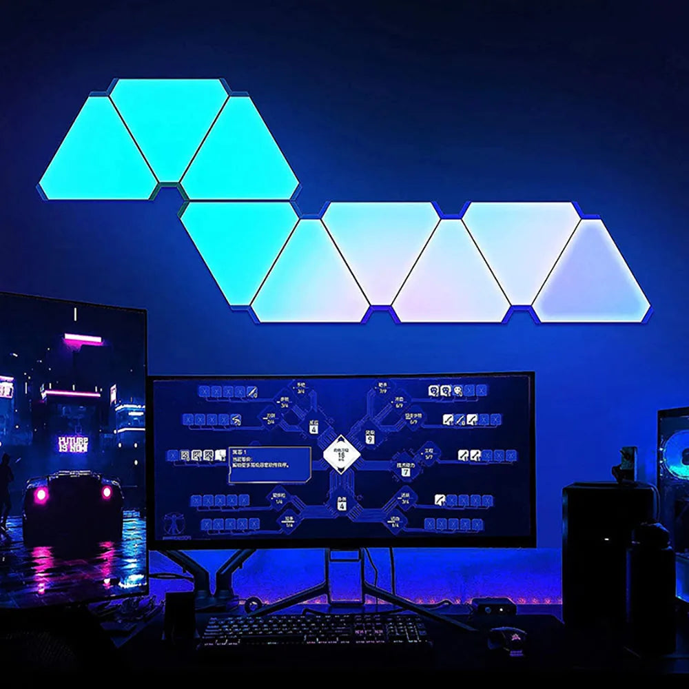 Smart RGB Triangular LED Quantum Wall Lamp - Rhythm-Activated Background Light for Bedroom and Office Decor