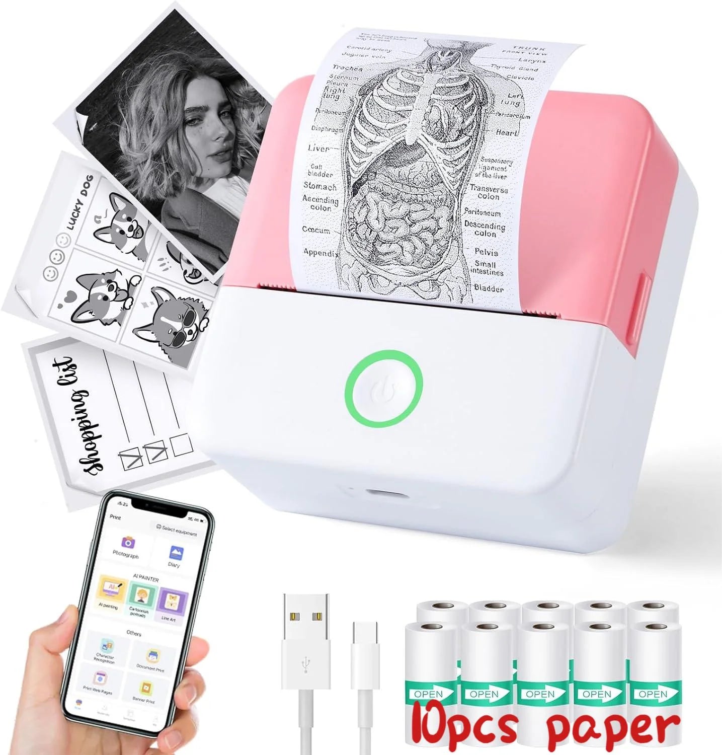 Portable Inkless Thermal Mini Printer - Bluetooth Wireless Label Maker for iOS & Android with Free Cut Tape for Notes and DIY Projects