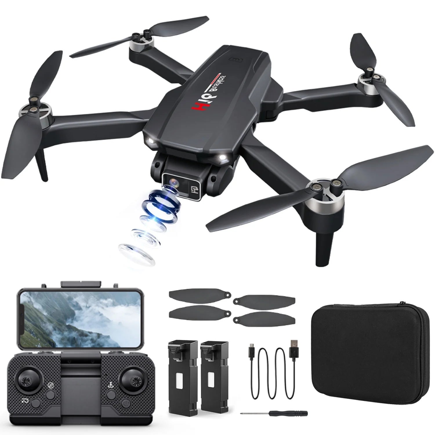 H16 4K Camera Drone for Adults - Foldable Beginner-Friendly Design with Brushless Motor, Optical Flow Positioning, Includes 2 Batteries and Carrying Case
