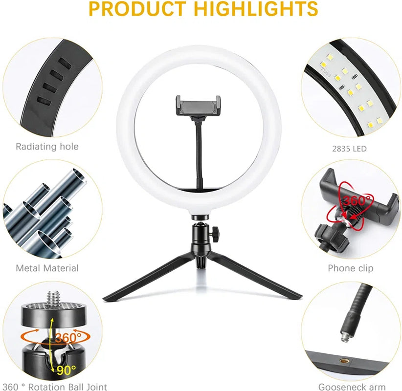 10-Inch Dimmable Ring Light with Tripod and Smartphone Holder