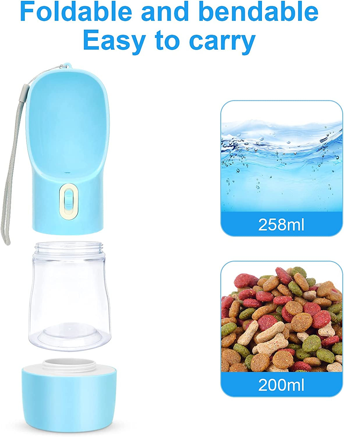 Portable Dog Water Bottle with Food Storage - Leak-Proof, Lightweight, BPA-Free Design for Hiking and Walking (Blue)