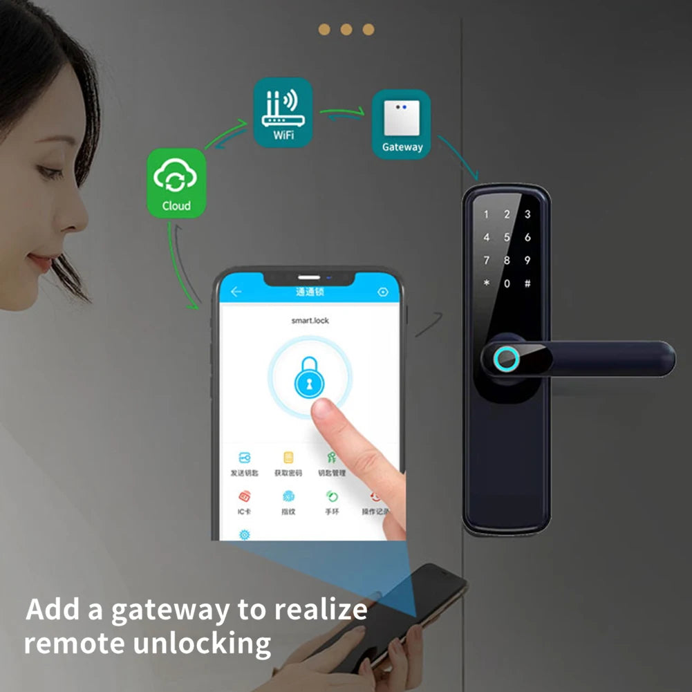 Smart Fingerprint Door Lock with WiFi and Bluetooth Connectivity - Tuya App Remote Unlocking, Digital Password, and Smart Card Features