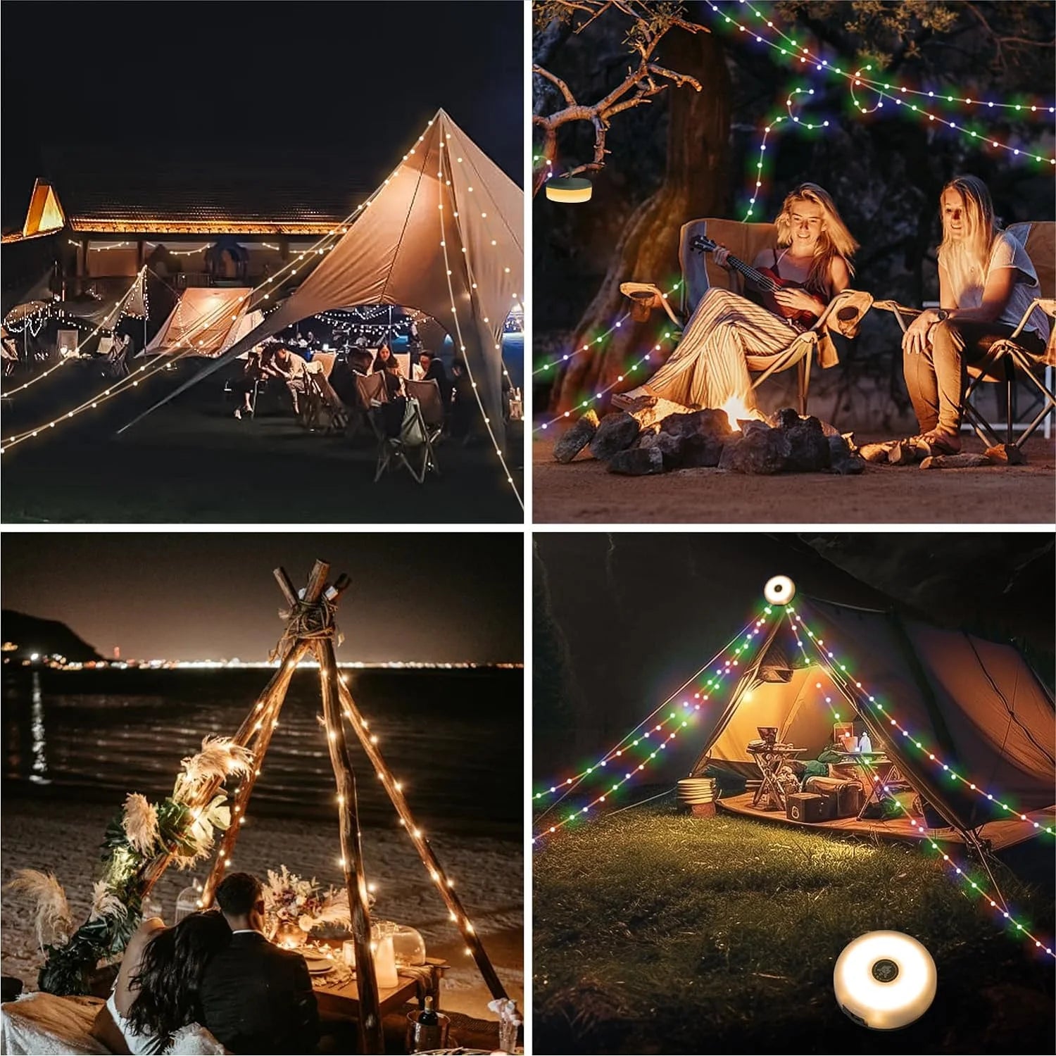 Outdoor Waterproof String Lights - 4-in-1 Solar and USB Rechargeable Portable Lighting for Camping, Yards, and Holiday Decorations