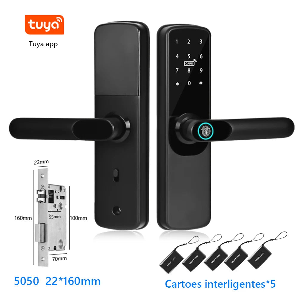 Smart Fingerprint Door Lock with WiFi and Bluetooth Connectivity - Tuya App Remote Unlocking, Digital Password, and Smart Card Features