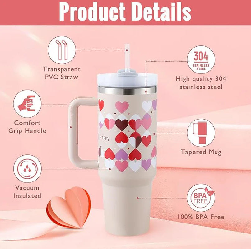 40 oz Insulated Stainless Steel Tumbler with Handle and Straw - Spill-Proof Vacuum Coffee Cup with Lid, Ideal for Travel, Gym, Office, and Gifts for Valentine's Day