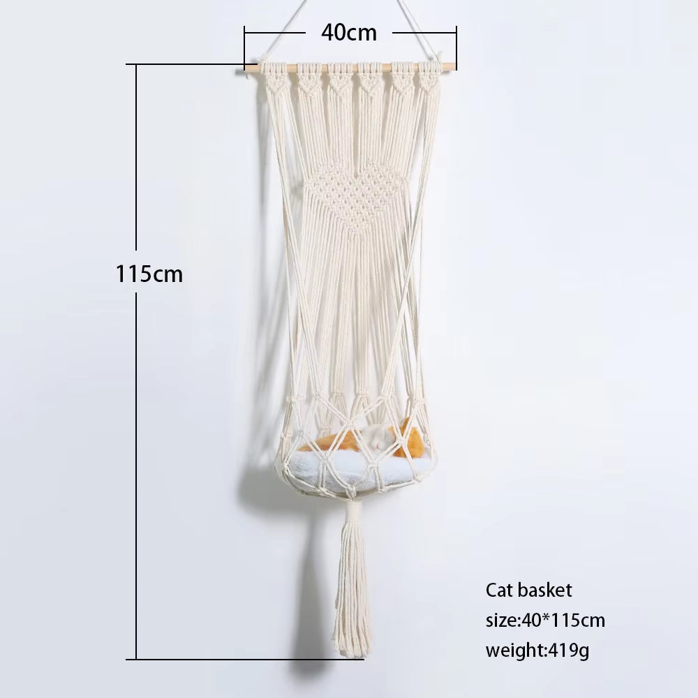 Bohemian Handwoven Cotton Macrame Cat Hammock Swing Bed for Home and Bedroom Wall Decoration