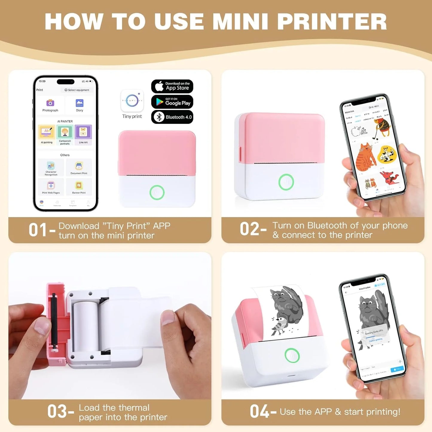 Portable Inkless Thermal Mini Printer - Bluetooth Wireless Label Maker for iOS & Android with Free Cut Tape for Notes and DIY Projects