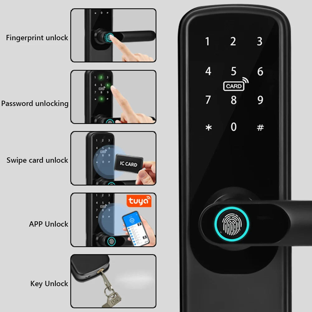 Smart Fingerprint Door Lock with WiFi and Bluetooth Connectivity - Tuya App Remote Unlocking, Digital Password, and Smart Card Features