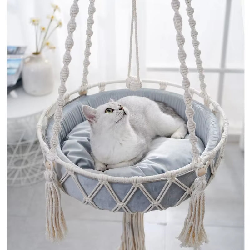 Bohemian Handwoven Cotton Macrame Cat Hammock Swing Bed for Home and Bedroom Wall Decoration