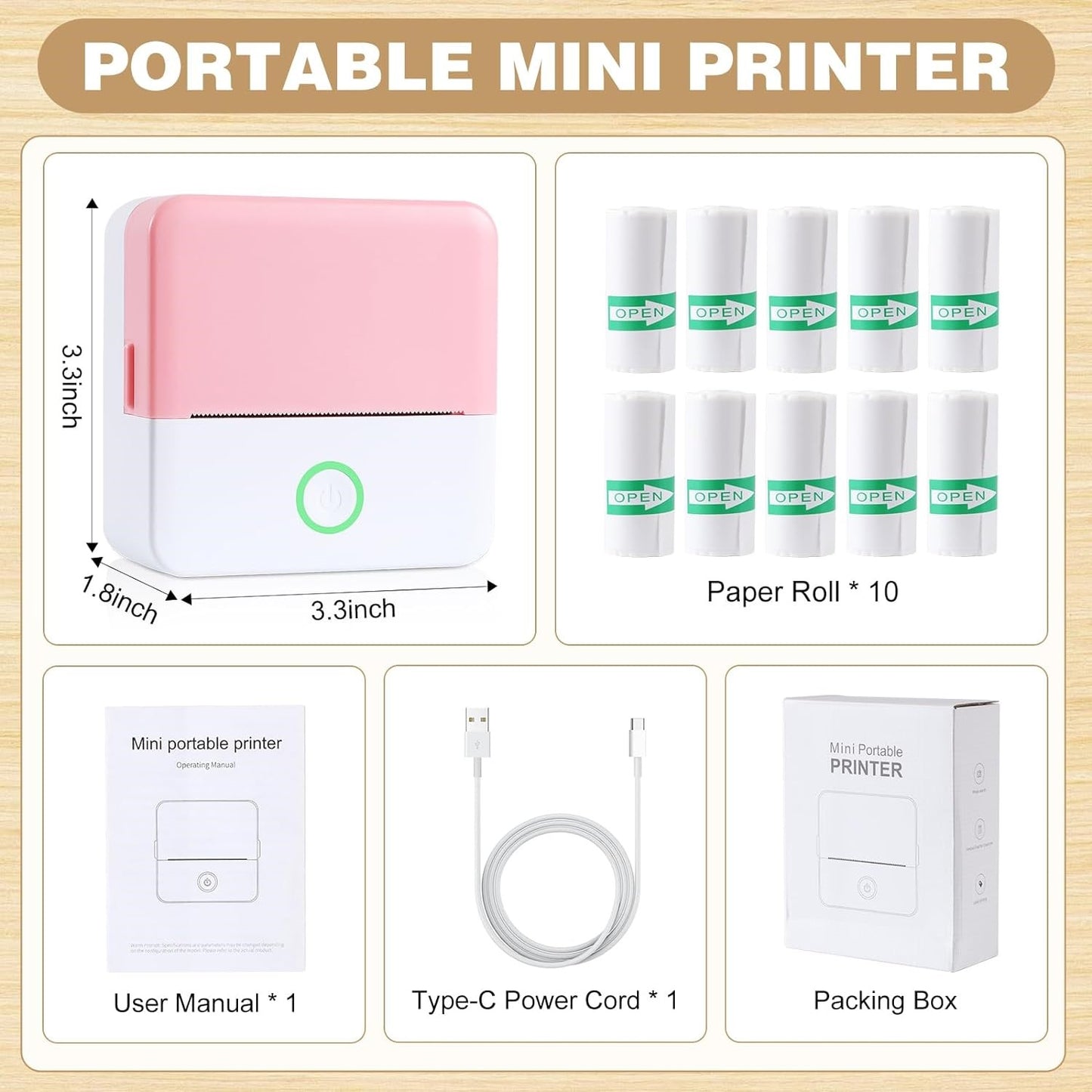 Portable Inkless Thermal Mini Printer - Bluetooth Wireless Label Maker for iOS & Android with Free Cut Tape for Notes and DIY Projects