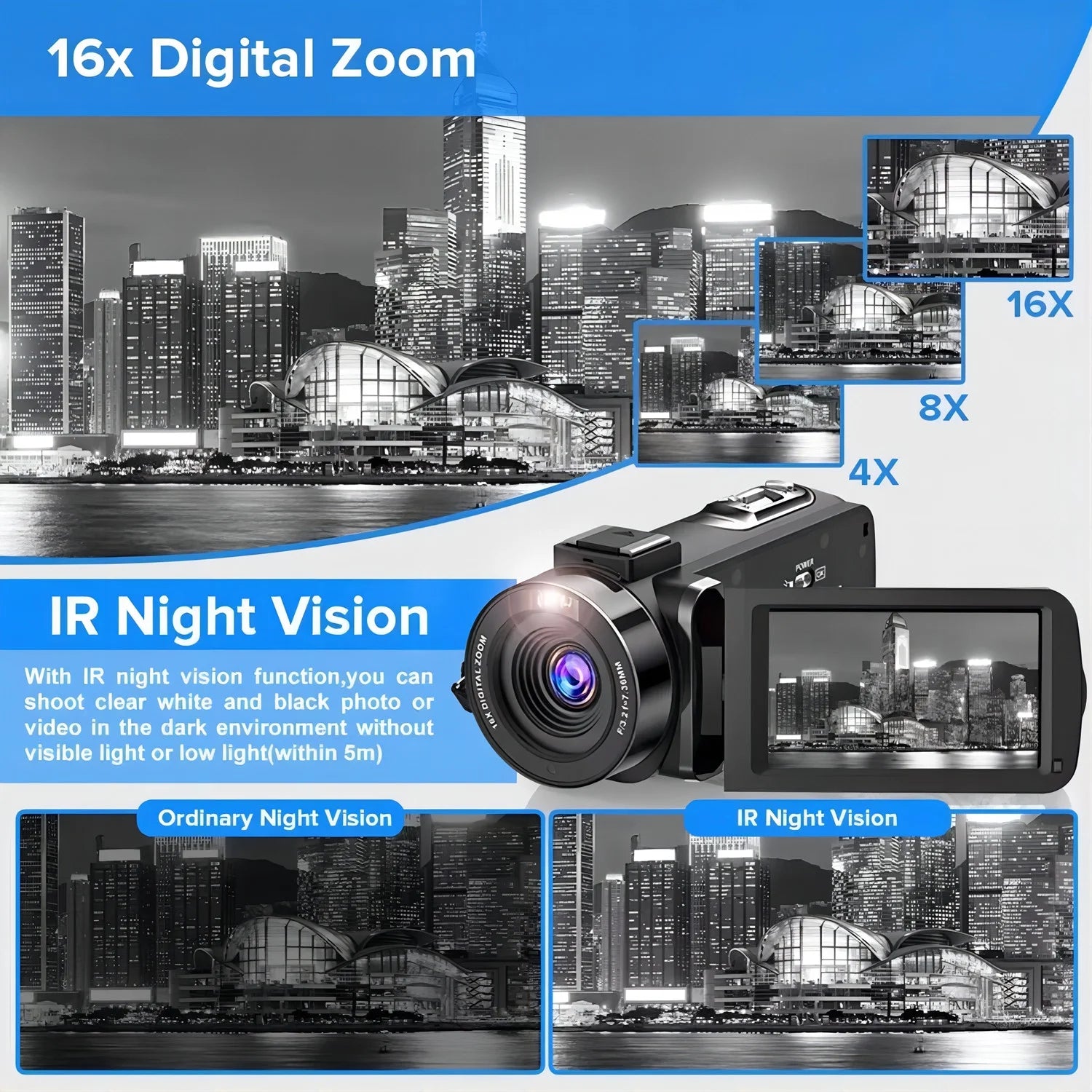 Professional 2.7K Video Camera Camcorder for YouTube Vlogging - Digital Camera with IPS Display, 36MP Resolution, and 16X Digital Zoom