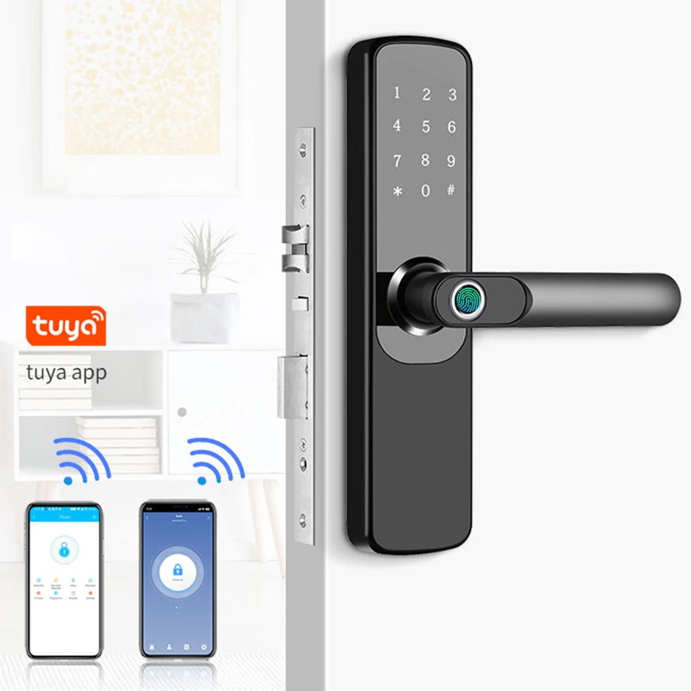 Smart Fingerprint Door Lock with WiFi and Bluetooth Connectivity - Tuya App Remote Unlocking, Digital Password, and Smart Card Features