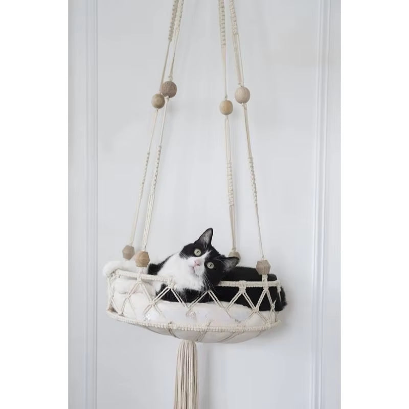 Bohemian Handwoven Cotton Macrame Cat Hammock Swing Bed for Home and Bedroom Wall Decoration