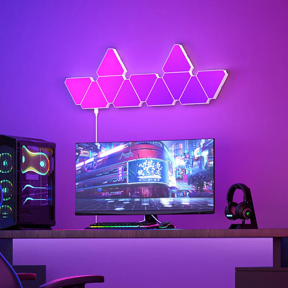 Smart RGB Triangular LED Quantum Wall Lamp - Rhythm-Activated Background Light for Bedroom and Office Decor