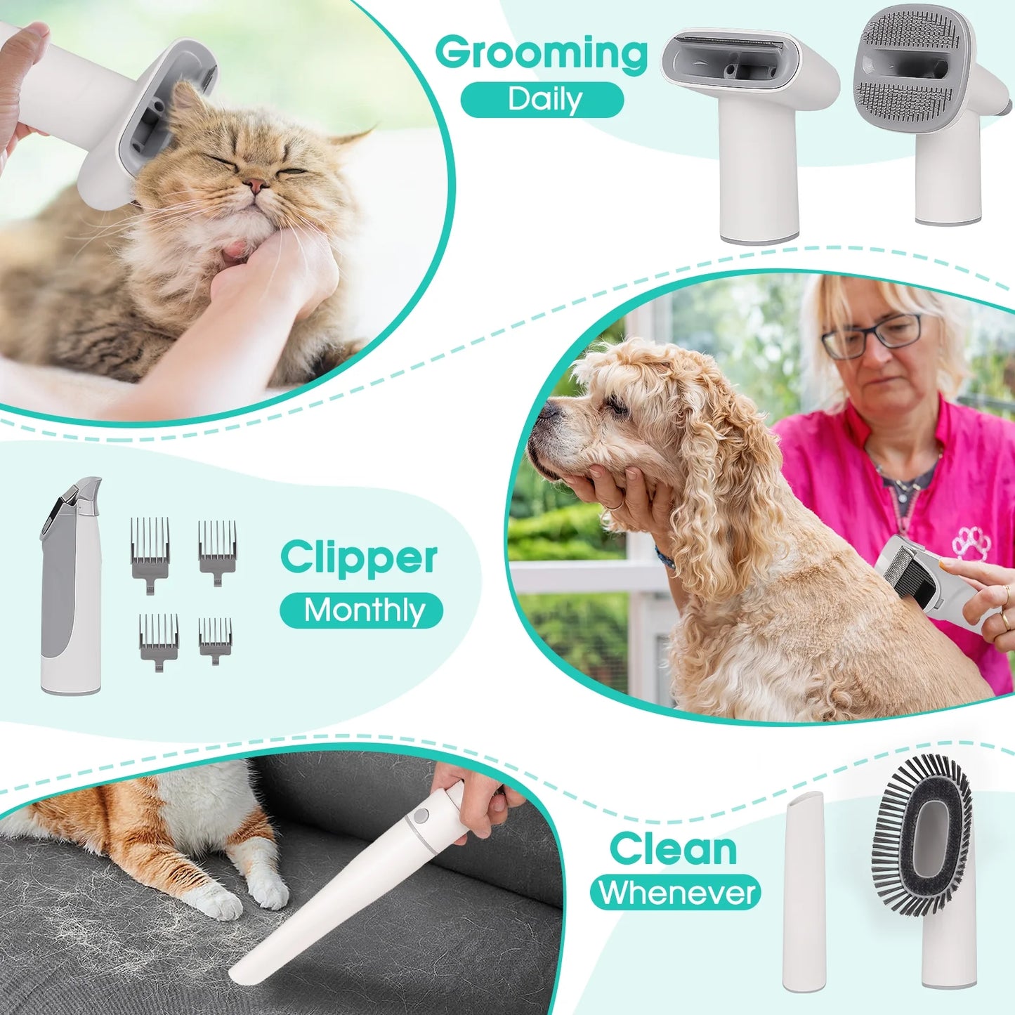 Premium Pet Grooming Kit with Vacuum Suction - 11Kpa Low Noise, 3 Suction Modes, 5-in-1 Functionality, 2.5L Dustbin for Dogs, Cats, and Other Pets