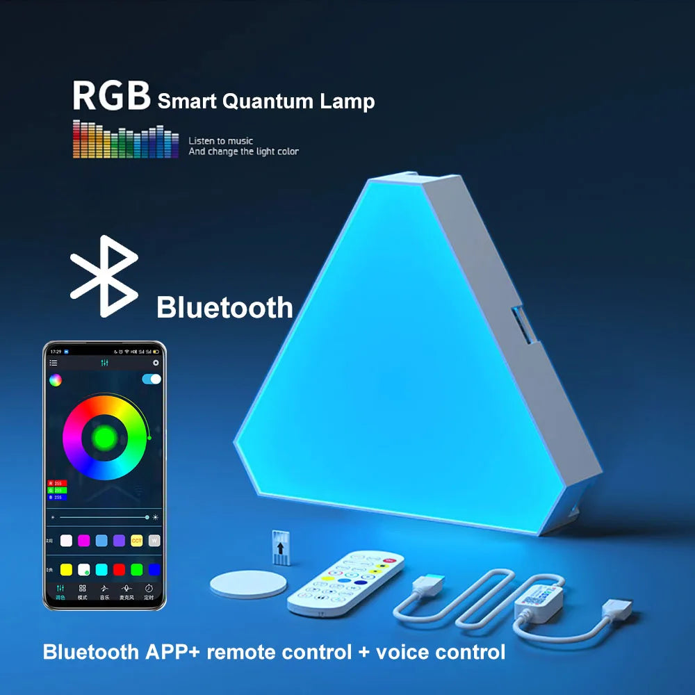 Smart RGB Triangular LED Quantum Wall Lamp - Rhythm-Activated Background Light for Bedroom and Office Decor