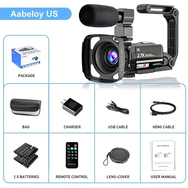 Professional 2.7K Video Camera Camcorder for YouTube Vlogging - Digital Camera with IPS Display, 36MP Resolution, and 16X Digital Zoom