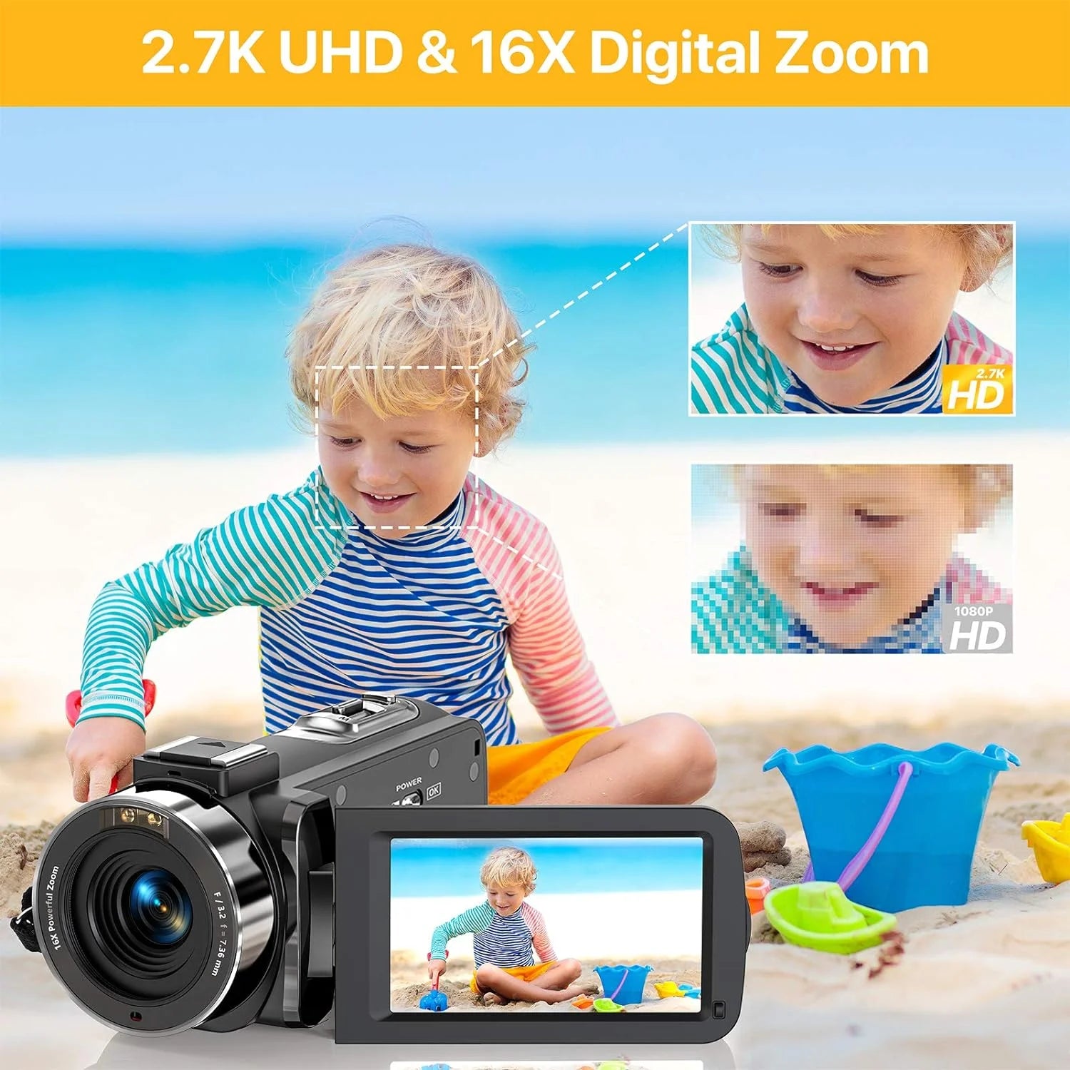 Professional 2.7K Video Camera Camcorder for YouTube Vlogging - Digital Camera with IPS Display, 36MP Resolution, and 16X Digital Zoom