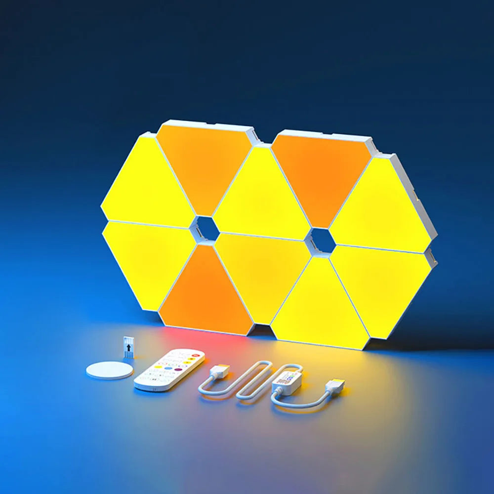 Smart RGB Triangular LED Quantum Wall Lamp - Rhythm-Activated Background Light for Bedroom and Office Decor