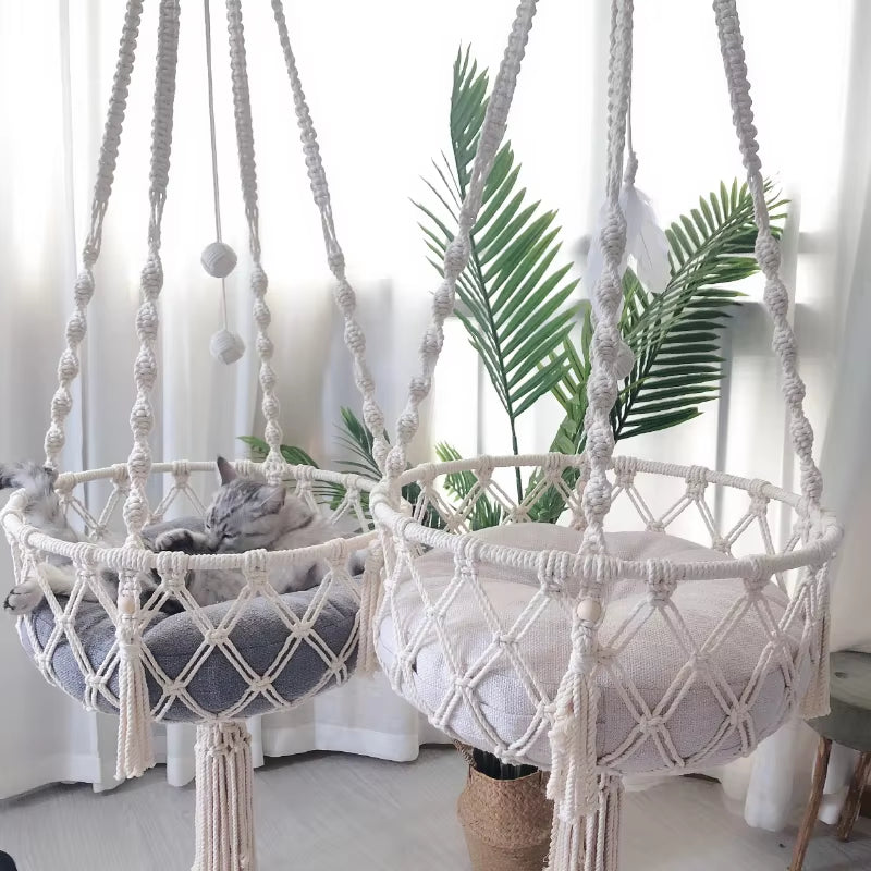 Bohemian Handwoven Cotton Macrame Cat Hammock Swing Bed for Home and Bedroom Wall Decoration