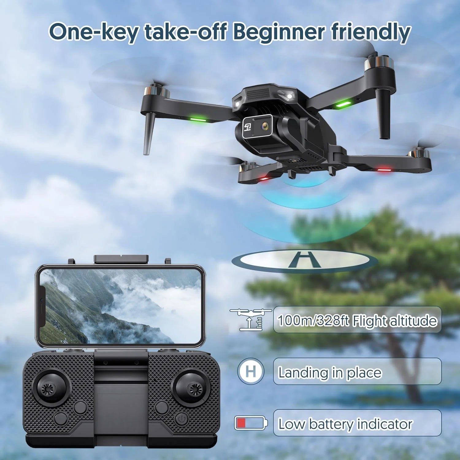 H16 4K Camera Drone for Adults - Foldable Beginner-Friendly Design with Brushless Motor, Optical Flow Positioning, Includes 2 Batteries and Carrying Case