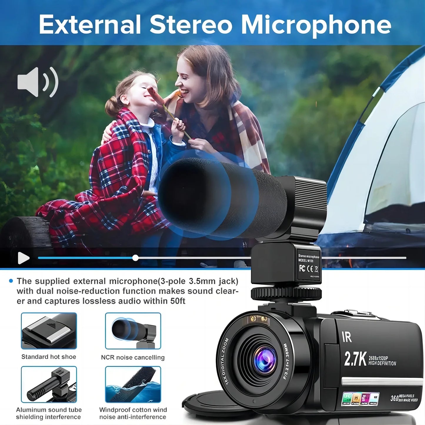 Professional 2.7K Video Camera Camcorder for YouTube Vlogging - Digital Camera with IPS Display, 36MP Resolution, and 16X Digital Zoom