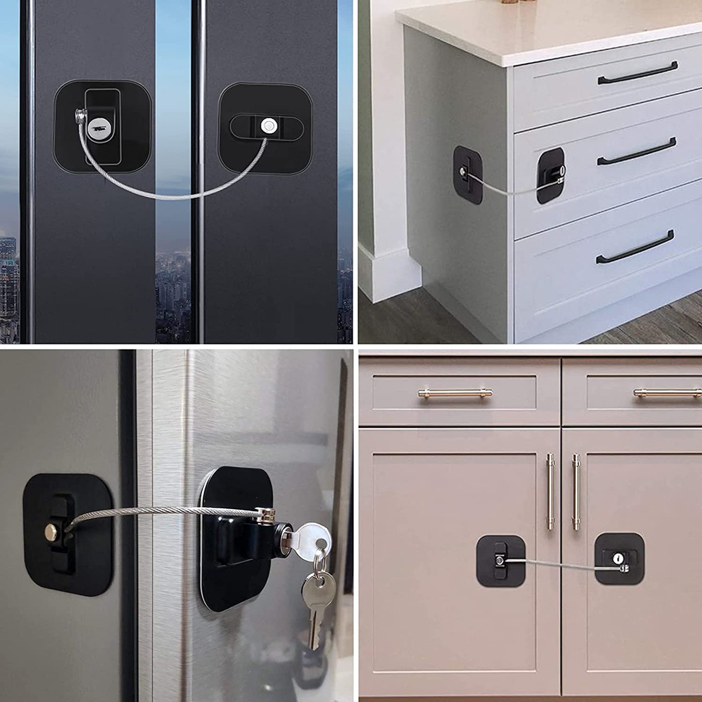 Refrigerator Lock Set - 2 Pack Child Safety Locks with 4 Keys and Strong Adhesive for Cabinets, Freezers, and Drawers (Black)