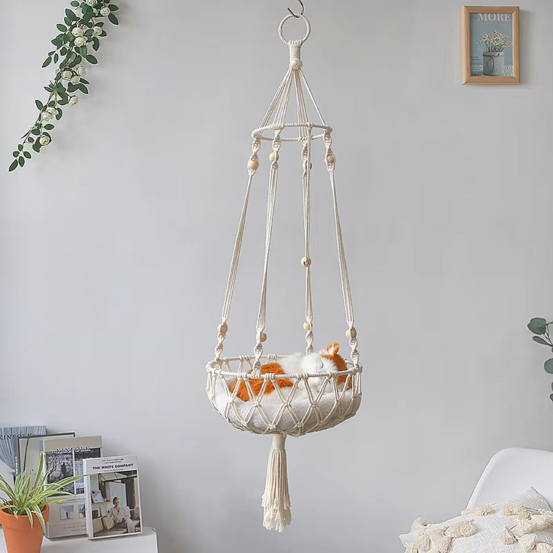 Bohemian Handwoven Cotton Macrame Cat Hammock Swing Bed for Home and Bedroom Wall Decoration